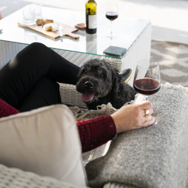 Woman relaxing on an outdoor sofa with her dog and a glass of wine beside the fire