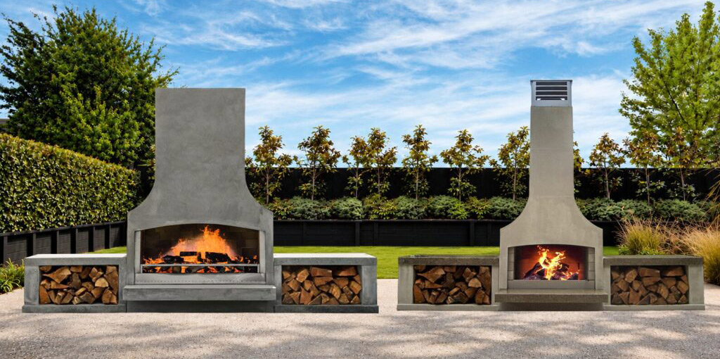 Elite and Signature outdoor fireplaces side by side, showing the two firebox sizes